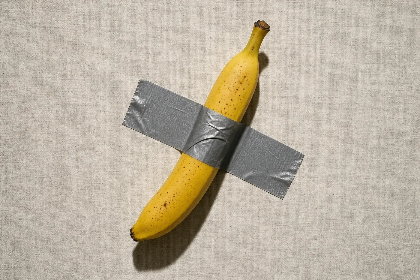 A yellow banana taped diagonally to raw linen canvas